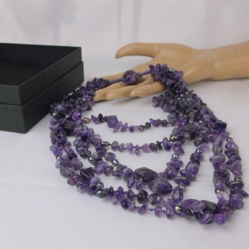 New Boxed Designer‎ 6 Row Chunky Amethyst Necklace 24"